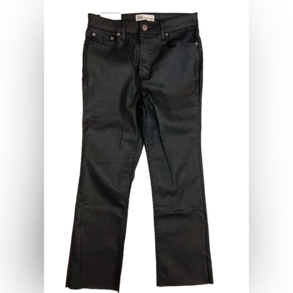 NWT ZARA THE DREED FLARE COATED TRUE BLACK slim Fit Pants 8246/040/800 Size 6